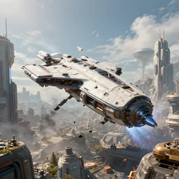 spaceship crashes on sci-fi city, trending on artstation, 4k, high-detail