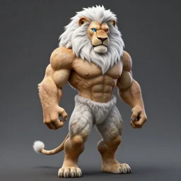 a handsome muscular bodybuilding anthropomorphic male lion, with a thick long mane white fur, blue right eye, red left eye, unreal engine, full body pose