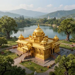an ancient hindu temple made of gold in serene environment alongside a beautiful lake, art deco, oak trees, himalayas, distant, high angle, wide angle, global illumination, trending on artstation, octane render, cgsociety, surrealist, cinematic, unreal engine 5