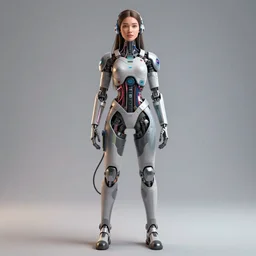 a beautiful 3d render of a solarpunk woman wearing technology, full body portrait in the center of the frame, detailed intricate cables and cybernetic body parts, by android jones, octane 3d render, featured on artstation
