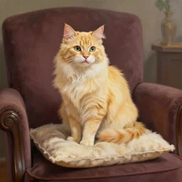 a beautiful painting of a blonde cat sitting on a fluffy pillow in a big chair by Aaron Blaise and blizzard entertainment, highly detailed, trending on artstation, unreal engine, octane render, 4k