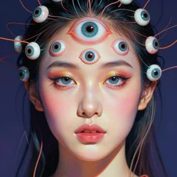 beauty, many third eyed humanoids eye forehead, wide wide body portrait, vivid colors, thin wires, beautiful lighting