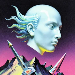 a close - up grainy, risograph photo, hyper light drifter, neon colors, a big porcelain glossy eva 0 0 1 - like head, with long hair, floating above the sharp peaks weapons, style by moebius and kim jung gi