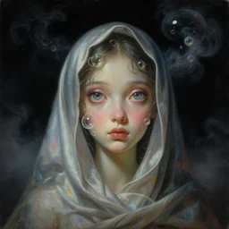 a neoclassicist close - up portrait of a big - eyed fairy cloaked in silk with glowing bubbles. iridescent and reflective alien technology. foggy black background with dark puffy glowing clouds. highly detailed science fiction painting by norman rockwell, frank frazetta, syd mead and moebius. rich colors, high contrast, gloomy atmosphere, dark background. trending on artstation.