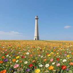 a lonely tower in a field of flowers landscape by mike winkelmann, magic realism matte painting, vibrant colors, highly detailed