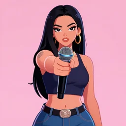Mexican female rapper holds microphone straight out, digital art, vapor wave, hip hop, psychedelic, surreal, trending on Artstation, professional artist, detailed, 4k