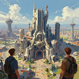 concept art by jama jurabaev and jan urschel, cel shaded, cinematic shot, trending on artstation, high quality, brush stroke, vibrant colors, science fiction, mechanical fortress, castle, industrial development, urban agglomeration, future science fiction