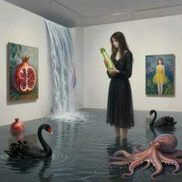 realistic painting of a flooded modern art gallery and a tall emo girl, holding a courgette, paintings on walls, floodwaters with squid ink, trans pride flag, pomegranates, waterfall from the wall, black swans, octopus, sensual, puddles, zen, surrealist, by magritte and kawase and escher and monet