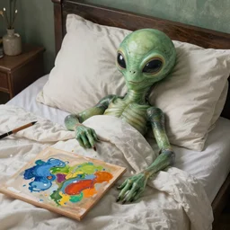 an alien resting on a bed, painting, ultra detailed, realistic