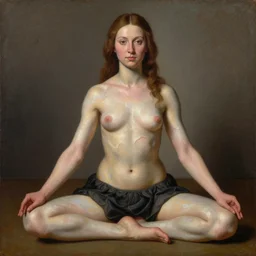 full body painting of beautiful female model with ripped abs, yoga, beautiful detailed face, tudor period, hans holbein oil painting