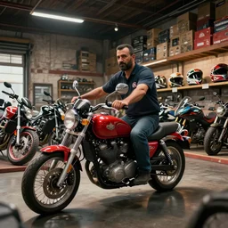 a turkish man in a motorcycle shop in a warehouse in brooklyn new york in the style of thomas cole, cinematic lighting, raytracing, 8 k, octane render, volumetric, vivid, beautiful, hyperrealism