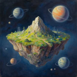 oil painting of a hovering island in space, aerial, planets, flying rock