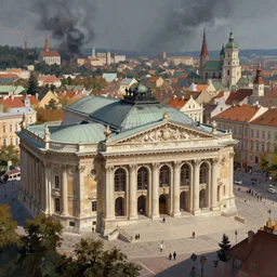 the opera house at lviv in hell, inferno, panorama, highly detailed, full body, digital painting, trending on artstation, concept art, sharp focus, illustration, art by artgerm and greg rutkowski and magali villeneuve