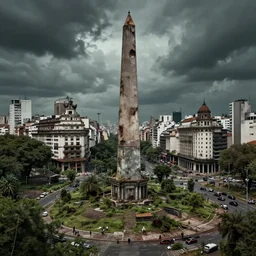panoramica de buenos aires en ruinas, apocaliptico, avenida 9 de julio obelisco, overgrown mold and decay, oversaturated, dark fantasy zombie environmental art