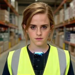 photo, close up, emma watson in a hi vis vest, in warehouse, glitchy android cameraphone, 2 6 mm,