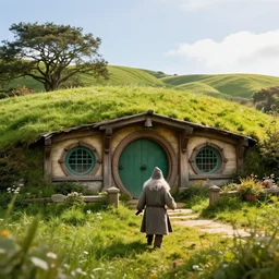a hobbit house in a grass field hill, gandalf comming, a sunny day, ray of sunlight, volumetric, depth, of field, hypersharp, hyperdetailed, by moebius, high detail, elegant, digital painting, cinematic lighting, vibrant, intricate, textured skin, highly detailed, artstation, sharp, focus, hdr, unreal engine 5, breathtaking, illustration, anna dittmann, ilya kuvshinov, nikolay makovsky