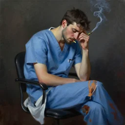 a tired doctor in scrubs, sitting on chair, smoking weed, looking lonely and sad, oil painting, dark theme