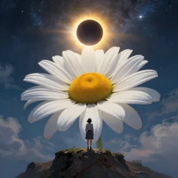 giant white daisy flower blooming head, girl standing on cliff, surreal photography, solar eclipse, milky way, dramatic light, impressionist painting, clouds, digital painting, artstation, james gilleard, liam wong, jeremy mann, simon stalenhag