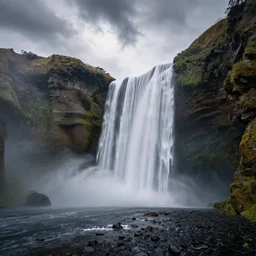 a beautiful waterfall landscape, dramatic clouds, volumetric light, highly detailed, very sharp, award winning photography, highly realistic