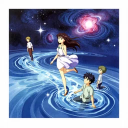 floating on a nebula river in space, last exile, loish, yoshitoshi abe, yuya nagai, Ilya Kuvshinov, murata range, jean giraud, makoto shinkai, kawaii, sketch, beautiful, highlights, cosmic, dreamy,gradation, vibrant colors, matte print, high saturation, detailed, studio lighting, anime, manga