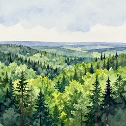 a watercolor painting of a beautiful landscape and horizon, verdant forests as far as the eye can see, trending on artstation, 4 k, super high detail