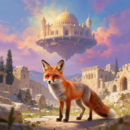 a beautiful small fox in the huge ruins of the second temple in jerusalem, dreamy sky, the third temple hovers quietly hiding in the sky above, very colorful painting 8 k trending on art station, intricate superb details, digital art, very very very realistic, cinematic lighting, volumetric lighting, photographic, blur bokeh defocus dof sky by afremov.