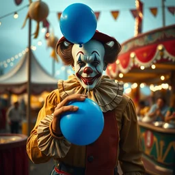 realistic colorful beautiful cinematic epic image of a clown holding a blue ballon lost in a fair