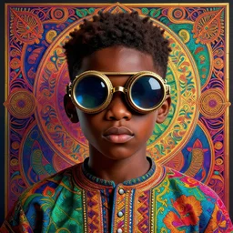 colourful vfx upper half - portrait - art of a nigerian boy wearing steam punk goggles, art by utagawa kunisada & james jean, symmetrical, intricate detail, concept art, volumetric light, ray tracing, digital illustration, octane 3 d render, unreal engine, sharp pinterest, behance, art station,