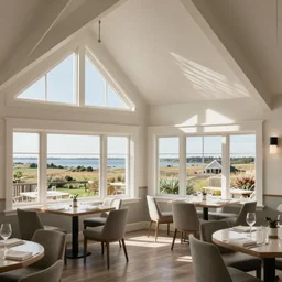 cape cod restaurant interior, bright, neutral colors, large windows, vaulted ceiling