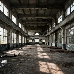 color photograph of the interior of an abandoned and completely empty factory, grimy floor, large windows on the sides, art by moebius