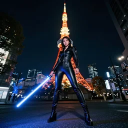 wide angle photo of a girl in tight leather clothes holding a lightsaberin tokyo, night, cinematic