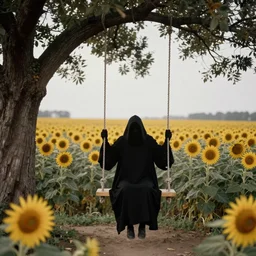 a dreamlike depiction of beautiful grim reaper sitting on a tree swing before a field of sunflowers, legendary grainy 1 8 0 0 photo by greg rutkowski