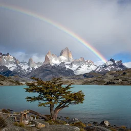 beautiful landscape photography by marc adamus, patagonia, a lake, a tree in the foreground, single full rainbow arch, canon 5 d, ultra wide angle