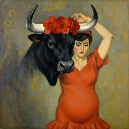 highly detailed painting of pregnant flamenco dancer with a black bull head wearing red flowers by tamara de lempicka