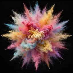 a centered explosion of a huge colorful powder cloud on a black background, close shot, amazing detail