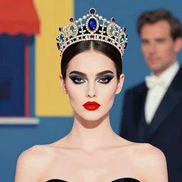 a female high fashion model wearing a jeweled face crown, dark eye make - up, red lips, alexander mcqueen, haute couture, by moebius, edward hopper and james gilleard, zdzislaw beksinski, steven outram colorful flat surreal design, hd, 8 k, artstation