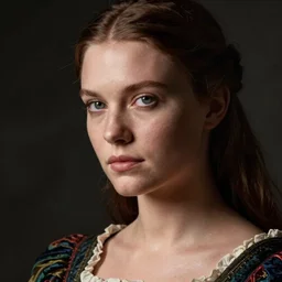 close - up portrait of beautiful swedish model in renaissance dress, art by steve mccurry
