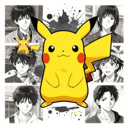 minimalist splatter paint of a collage of pokemon pikachu!!!!!!!!!!!!!!!!, portrait, gapmoe yandere grimdark, trending on pixiv fanbox, painted by makoto shinkai takashi takeuchi studio ghibli, akihiko yoshida, ken sugimori!!!!