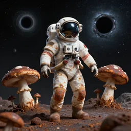 skeleton astronaut in outer space, rust, epic, three, mushroom, black hole, full hd, high quality, realism, cosmo - punk,