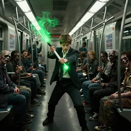 young actor david patrick kelly practicing with brightly green glowing nunchucks while riding a subway train, the other passengers are zombies, post apocalyptic, dreamscape, cinematic