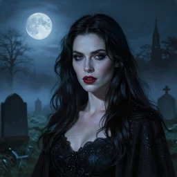 Riveting Charismatic brunette female vampire, portrait, atmospheric lighting, painted, intricate, Highgate cemetery, mist, cold, volumetric lighting, beautiful, blue moon light, sharp focus,  deep colours, ultra detailed, by Leesha Hannigan, Ross Tran, Thierry Doizon, Kai Carpenter, Ignacio Fernández Ríos