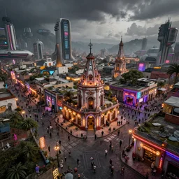 titled view action shot of a postapocalyptic futuristic small mexican town cobbled kiosko central town square, blade runner 2 0 2 9 guanajuato alleys, futuristic colonial city architecture, mexican dia de muertos decorations, crowded, angled shot, environmental lighting, stromy weather, ray tracing, amazing view, highly detailed, neon shops, octane render, unreal engine 5, 4 k