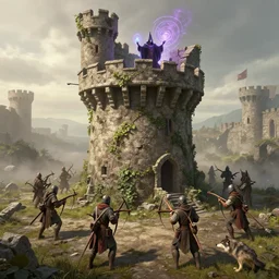a detailed concept art of soldiers with crossbows surrounding a medieval dirty stone tower. poison ivy. a powerful wizard in the tower balcony spelling a magical protection. a wolf in the ground. gopro. morning. trending on artstation, craig mullins, rutkowski