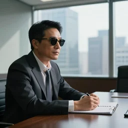 a lemon with sunglasses, wearing a suit, in a boardroom, window with views of skyscrapers in the background, hyper realistic, natural light, atmospheric and cinematic lighting