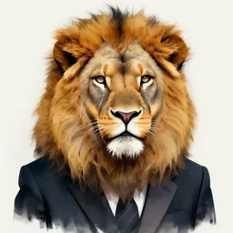 an abstract portrait of an antropomorphic lion with a human face wearing a suit, photorealistic