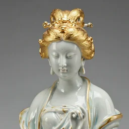 mnemosine goddess statue sculpted in polished chinese porcelain with gold foils covering his head, made by antonio corradini, ultrarealistic, detailed, 8 k