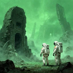 astronauts exploring alien ruins, green mist atmosphere, art by bruce pennington