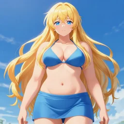a very beautiful young anime giantess, full body, long wavy blond hair, sky blue eyes, full round face,, bikini, miniskirt, front view, mid - shot, highly detailed, cinematic wallpaper by stanley artgerm lau