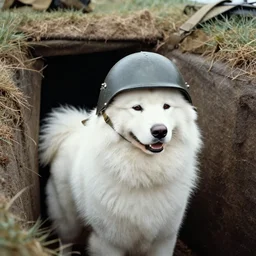 a samoyed dog wearing a soldier helmet in a ww1 trench, grainy photo