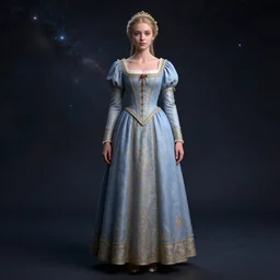 full body young guinevere portrait, elegant dress, space background, art by artgerm, wlop, loish, ilya kuvshinov, 8 k realistic, hyperdetailed, beautiful lighting, detailed background, depth of field, symmetrical face, frostbite 3 engine, cryengine,